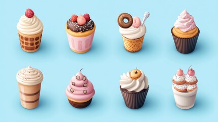 Eight Pixel Art Cupcakes and Coffee Drink on Light Blue Background