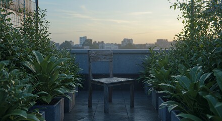 Naklejka premium Wooden Chair on Rooftop Garden Terrace in City