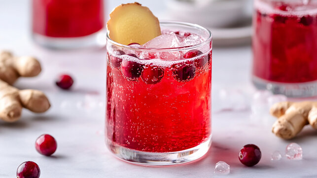Refreshing red beverage in a glass with ice, garnished with ginger slice and cranberries, surrounded by ginger roots, showcasing a vibrant drink for festive occasions