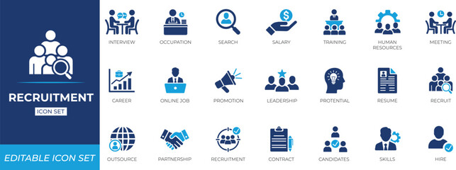 Recruitment icon set featuring hiring, contract, employee, hiring, job, hire, resume, candidate screening, interview, and hr selection symbols for staffing and workplace solutions.