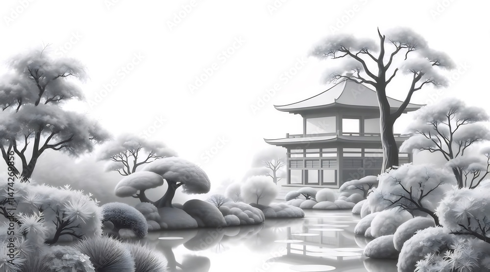 Poster 雪景色の中の日本の寺院と庭園 冬の静寂と水の反射 伝統的な建築美と自然の風景