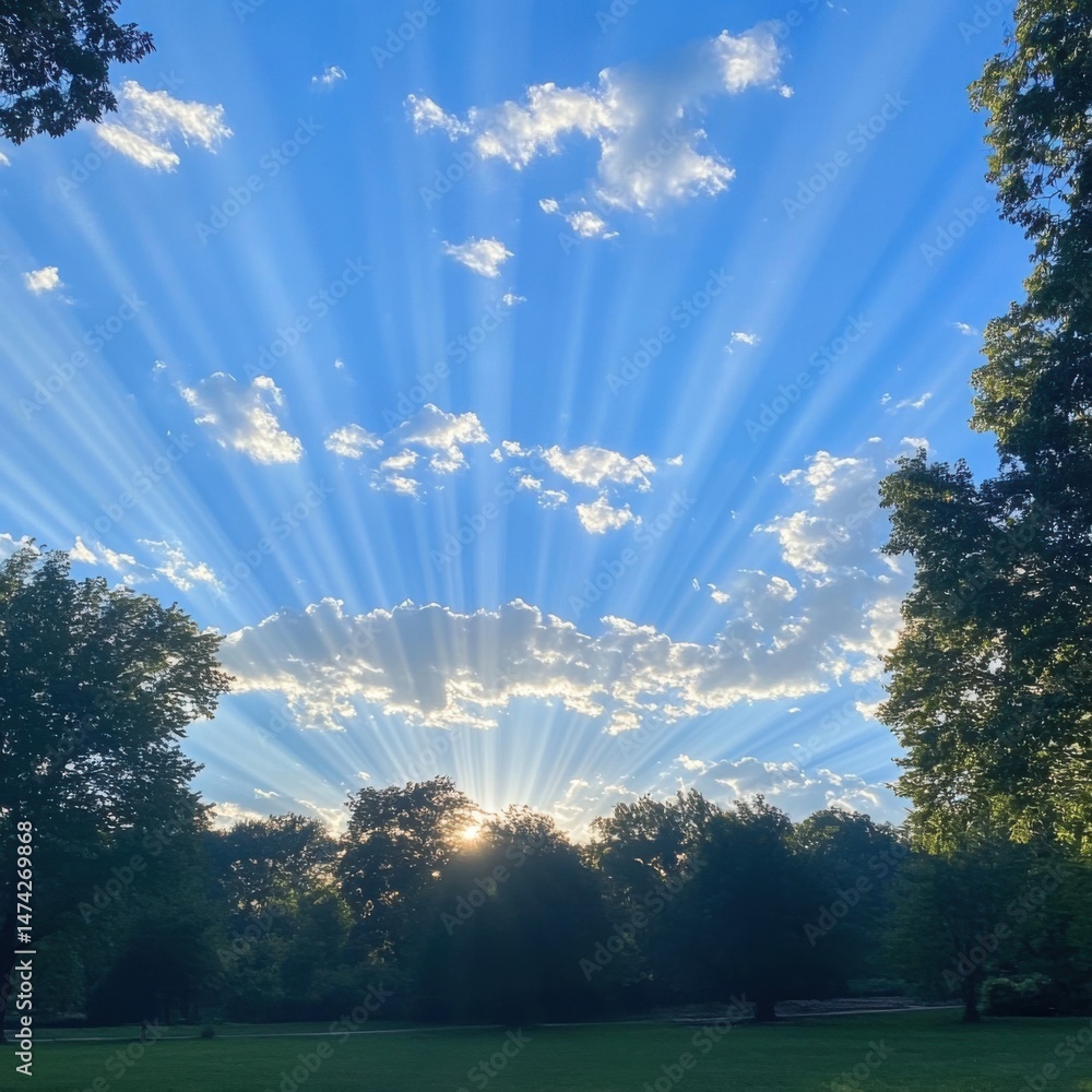 Aufkleber sun rays shining through clouds over trees in park landscape view from below in summer daytime