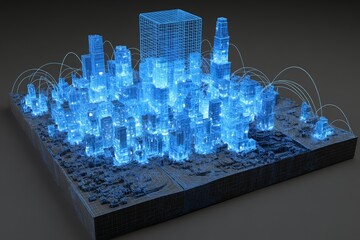 Exploring a digital cityscape in a futuristic environment through 3D art and a night view represents a virtual reality concept