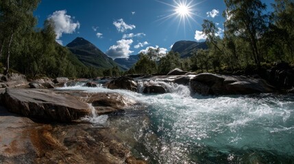 Embark on a virtual adventure featuring a 360-degree perspective of a breathtaking waterfall situated in Norway's unspoiled natural landscape, Ai Generated