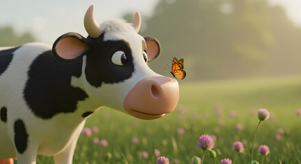 Cartoon Cow with Butterfly on Nose in Meadow