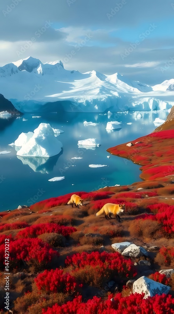 Poster 赤い植生に覆われた丘と氷山の浮かぶ海を持つ南極の風景にたたずむ2匹のキツネ 曇り空と雪を頂いた山々