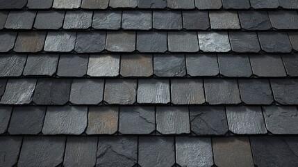 A high-angle close-up of many dark gray, weathered stone tiles. They are laid out in a pattern resembling a roof, creating a textured and durable surface.