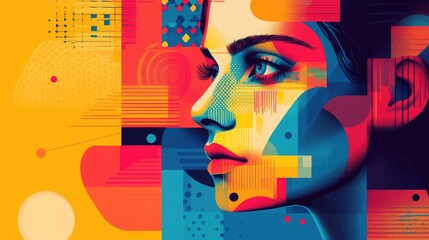 Abstract portrait of a woman in profile with geometric shapes and vibrant color blocks surrounding her