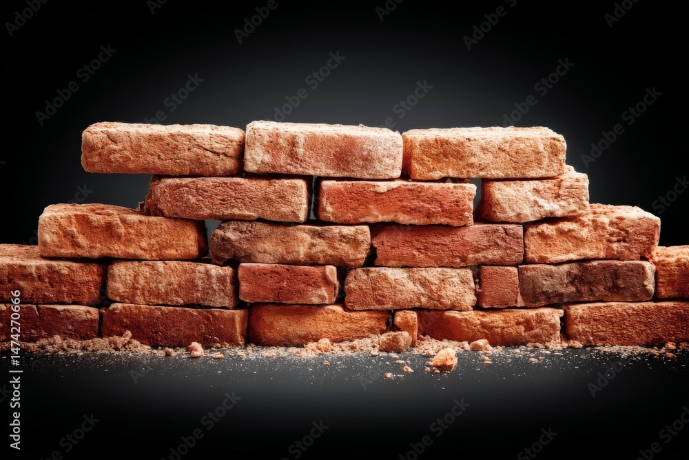 Poster Weathered bricks stacked artistically on a dark surface displaying texture and color diversity in the late afternoon