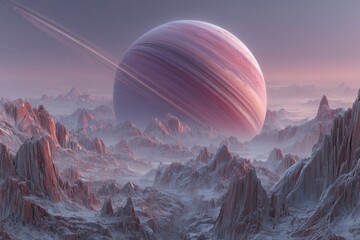 An otherworldly scene of enigmatic terrain featuring colossal rocky structures on a distant uncharted planet, created by generative AI