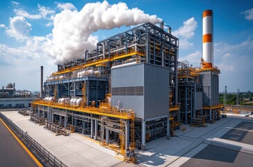 Fototapeta premium Extensive Industrial Plant with Smokestack Under Partly Cloudy Sky