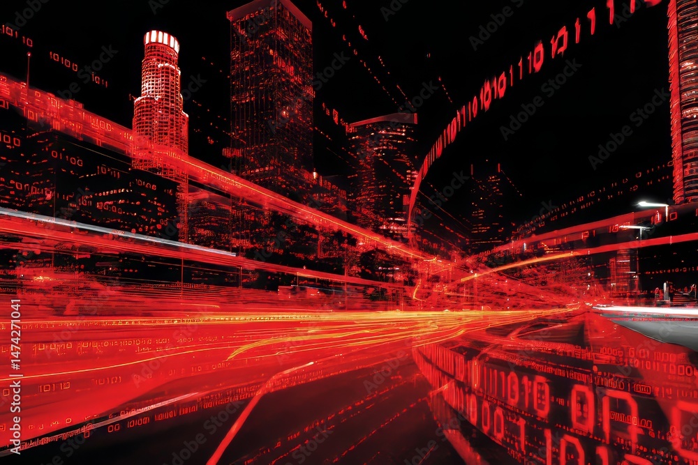 Aufkleber glowing red binary code set against a modern cityscape, signifying the blending of digital and urban