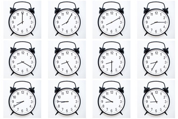 A set of 12 Black Vintage Alarm Clocks showing time from 08:00 to 08:55 or 20:00 to 20:55. Isolated...