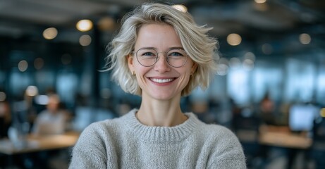 Fototapeta premium The image of a business woman with crossed arms and a smile represents a professional and confident individual, ideal for offices, copywriting agencies, journalism, and editor positions at online
