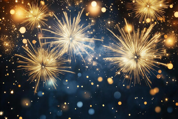 A festive and glittering display of gold and white fireworks exploding against a dark blue night sky filled with sparkling particles, creating a magical and celebratory atmosphere.