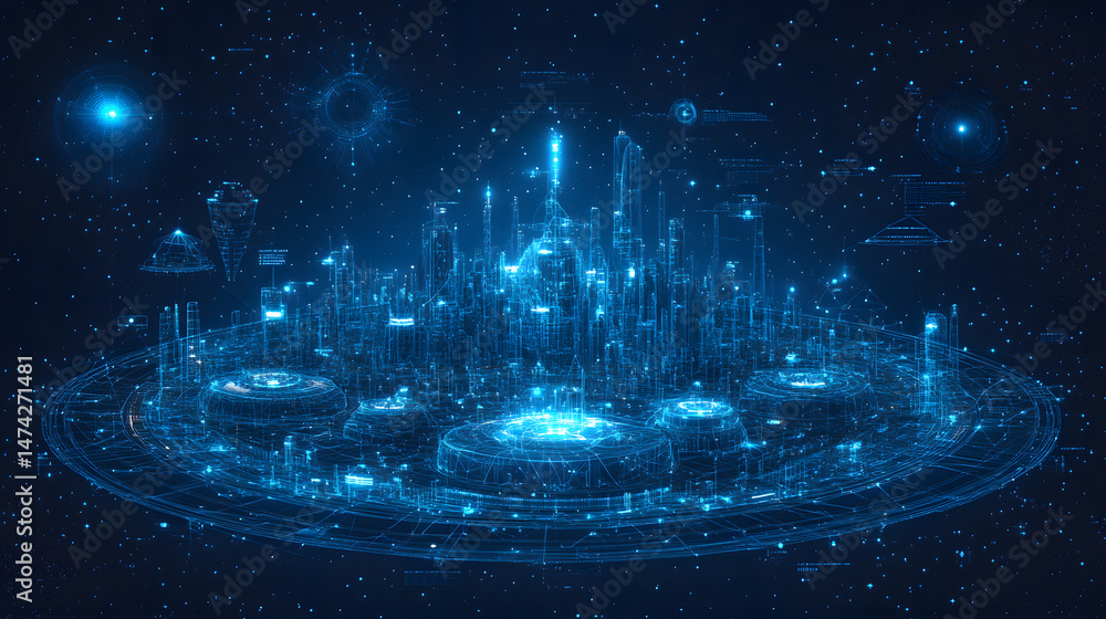 Fototapete Futuristic city on a tiered platform glows with blue wireframe detail against a starry backdrop. Skyscrapers and geometric data create a high-tech, ethereal vibe. Abstract wireframe in dark blue.
