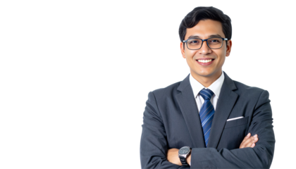 A smiling man in a suit and glasses crosses his arms against a black backdrop