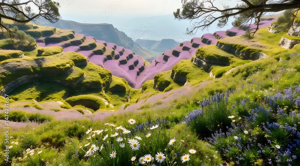 Poster 緑の丘と紫と白の花畑の段々畑の風景 高原の美しい眺めと山の背景 屋外の自然と静けさ