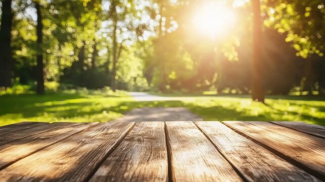 Wooden table with blurred sunny park background