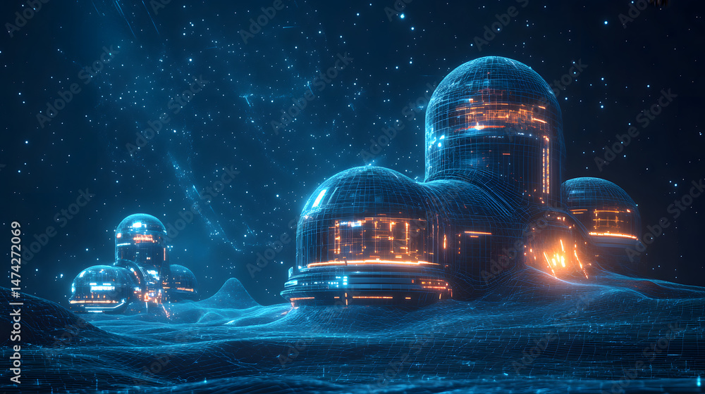 Aufkleber futuristic city under a starry sky. blue wireframe structures glow with warm light, creating a sci-f