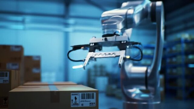 Innovative robotic arm sorting packages in a modern warehouse setting