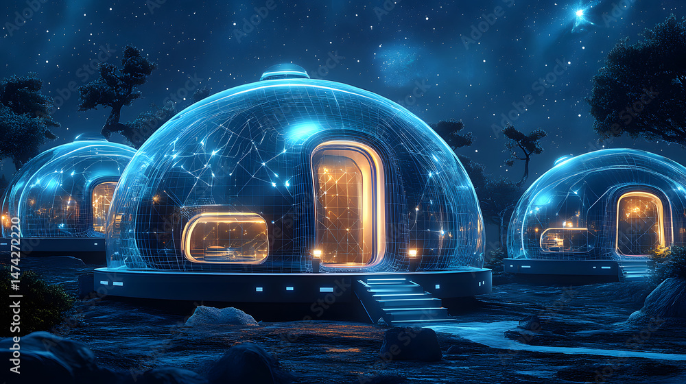 Leinwandbilder futuristic domes glow warmly under a starry expanse, interconnected and inviting. sparse bonsai dot 