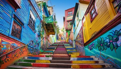 valparaiso s colourful chilean staircases covered in vibrant murals and graffiti on the city s brightly coloured alleyways