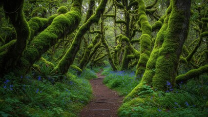 Fototapeta premium A verdant forest path with moss-covered trees.