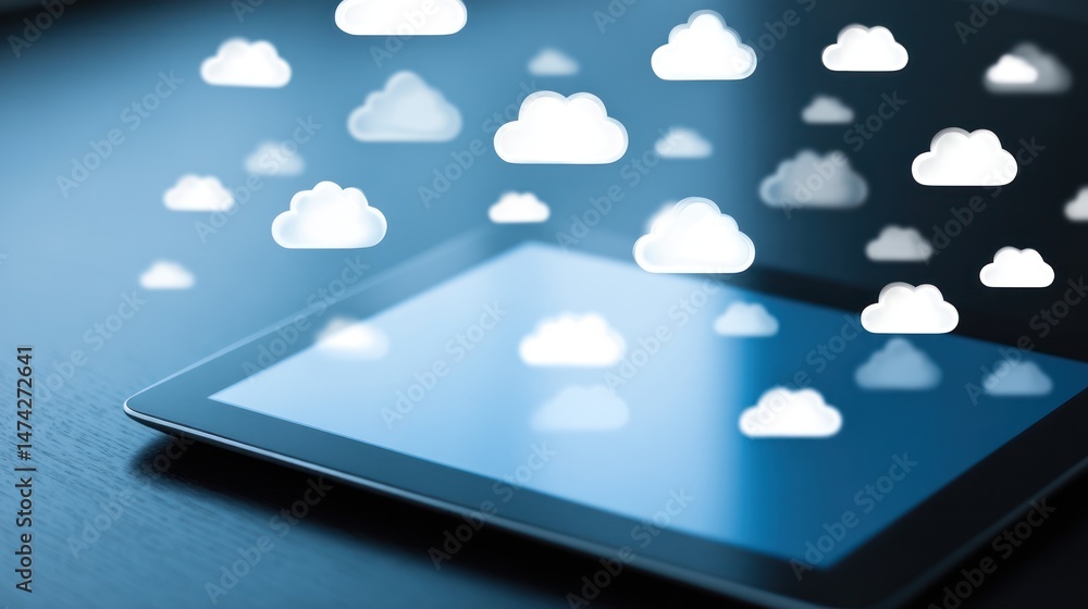 Poster tablet device with cloud icons floating above it on a dark blue surface.