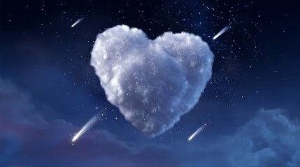 Cloud shaped like a heart floats in a starry night sky with comets streaking through the atmosphere