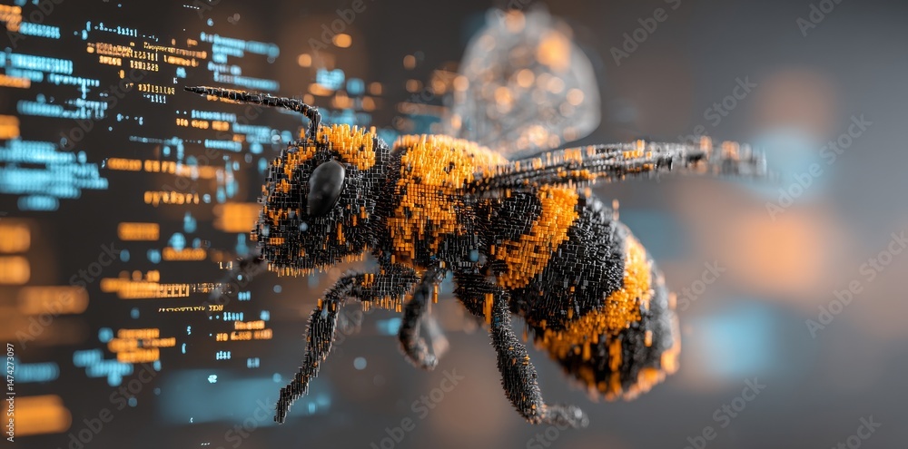 Poster a futuristic honeybee interacts with an advanced interface