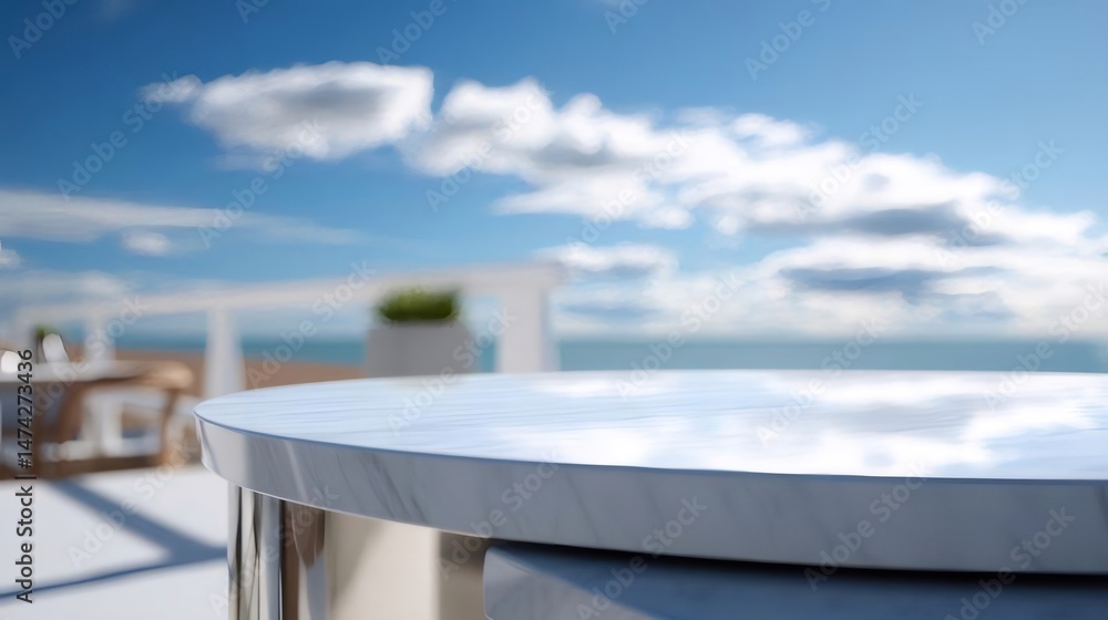 Aufkleber 青い空と海の背景に屋外テラスの白いテーブルと椅子 夏の休暇を楽しむ風景