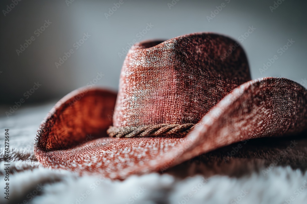 Poster rustic cowboy hat resting on a soft surface in natural light, showcasing texture and detail in a cha