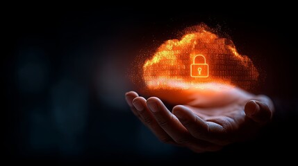 The depiction of a person grasping a glowing holographic cloud adorned with a padlock embodies the concepts of digital security and data protection, while also conveying a sense of innovation and