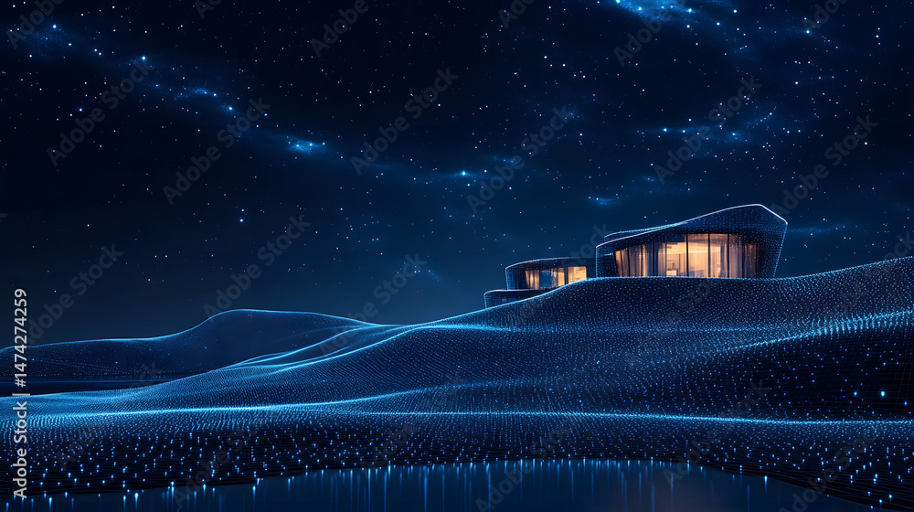 Leinwandbilder Futuristic nightscape featuring a modern building under a starry constellation. Rolling hills of blue grids reflect on the dark surface, creating a captivating scene. Abstract wireframe in dark blue.