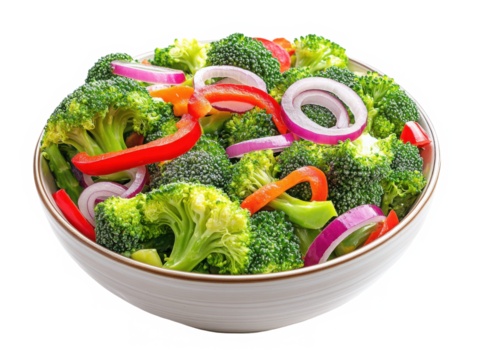 Fresh broccoli salad with onion and pepper isolated on transparent background