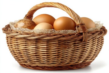 Fresh eggs in a woven basket ready for cooking or baking at a home kitchen