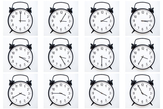 A set of 12 Black Vintage Alarm Clocks showing time from 03:00 to 03:55 or 15:00 to 15:55. Isolated on white background ideal for concepts related to time.