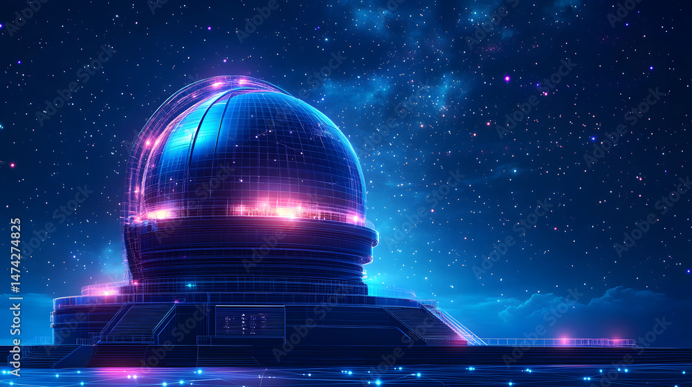 Leinwandbilder futuristic observatory with glowing wireframe dome under a star-filled sky. platforms and digital gr