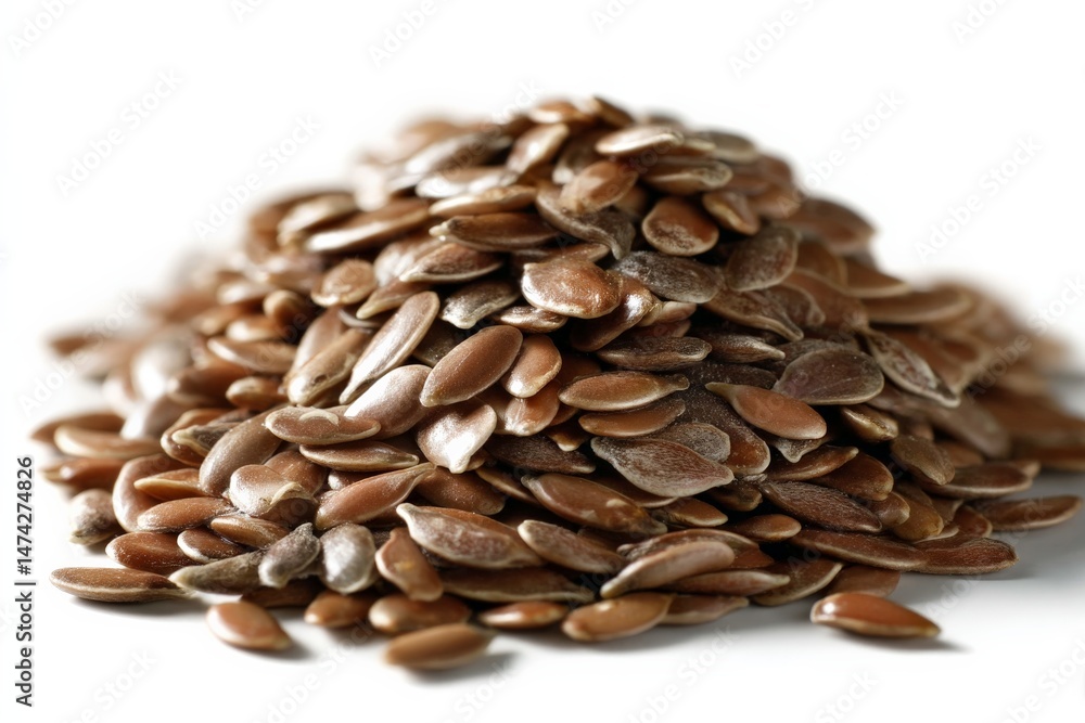 Poster flax seeds piled on a white surface showcasing their natural texture and color in bright light