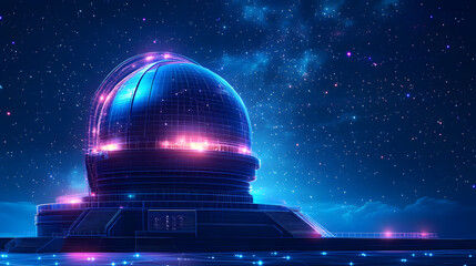 Futuristic observatory with glowing wireframe dome under a star-filled sky. Platforms and digital ground create a sci-fi scene, ready for exploration. Abstract wireframe in dark blue.
