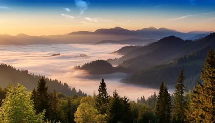 Obraz premium serene mountain landscape with mist and trees at dawn