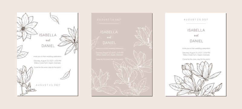 Set of magnolia flower line art wedding card design. Spring frame poster background template. Blossom hand drawn floral birthday party abstract decoration invitation. Vector illustration
