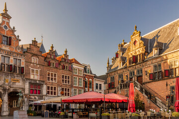 The central historic square with bars and restaurants in the ancient Dutch city center of Nijmegen