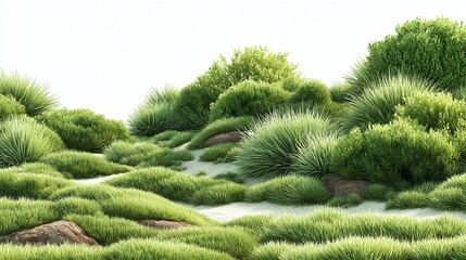 Lush grasses and verdant bushes compose a soft landscape, brightened by sunlight and contrasted with natural rocks.