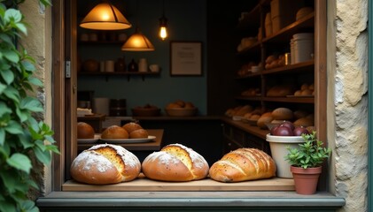 A rustic bakery window with freshly baked bread and pastries on display, with a vintage sign and flower pots, restaurant, mockup, display