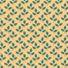 Charming seamless pattern featuring delicate teal leaves on a soft peach background.  Perfect for textile design, wallpaper, packaging, or any project needing a touch of natureinspired elegance.