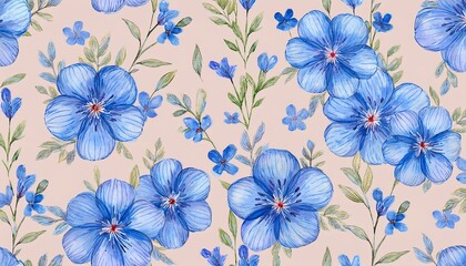 seamless watercolor pattern with blue flowers hand drawn cute illustration isolated on pastel background