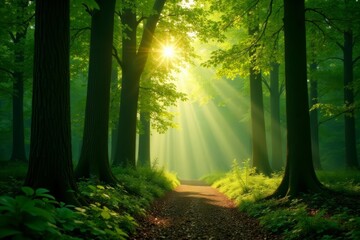 Obraz premium A serene forest with sunlight filtering through the trees, creating a tranquil environment, serene, sunlight, nature