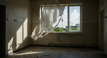 Abandoned room with broken window and curtain